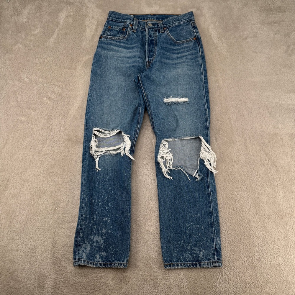 VTG Y2K Levis Premium 501 Denim Ripped Jeans Women 24 Blue Distressed Streetwear